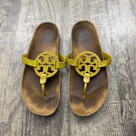 Tory Burch Shoes - Tory Burch Miller Cloud Leather Sandals Cork Thong Lemon Lime Yellow Sz 10